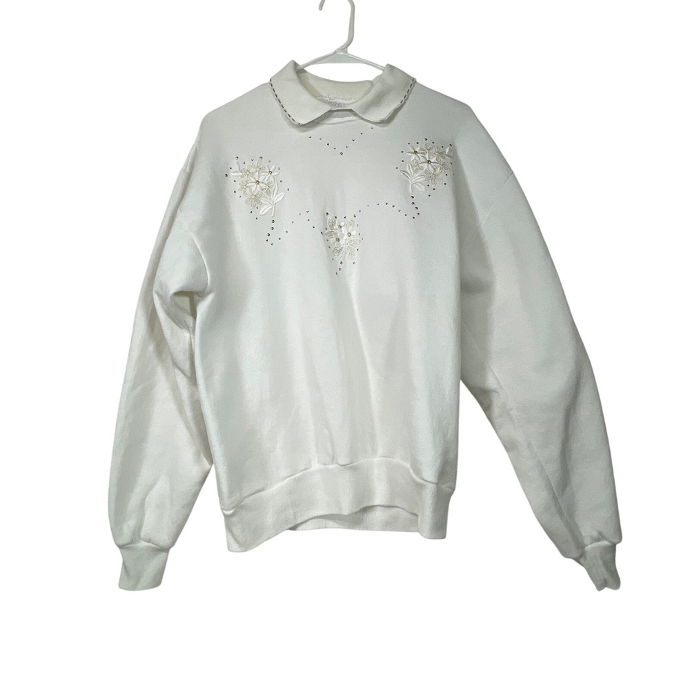 Vintage Jerzees White‎ Floral Embroidered Beaded Collar Sweatshirt Medium